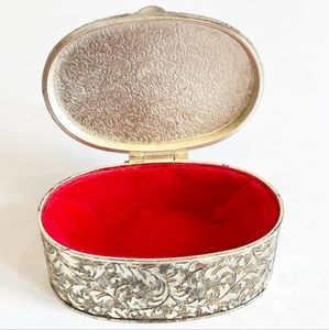 Vintage-Style Oval Decorative Silver Jewelry Trinket Box with Red Velvet Lining